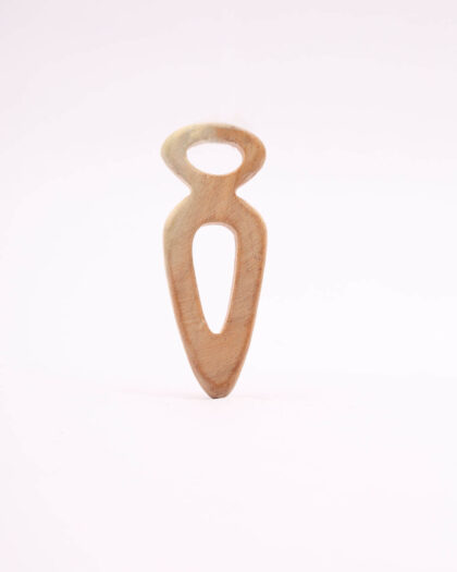 An image of the Wooden Carrot-Shaped Teether for babies by Bumshum, a nature-friendly store for kids. The teether is crafted from 100% natural wood and is shaped like a carrot, featuring various textures and an elegant, eco-friendly design.