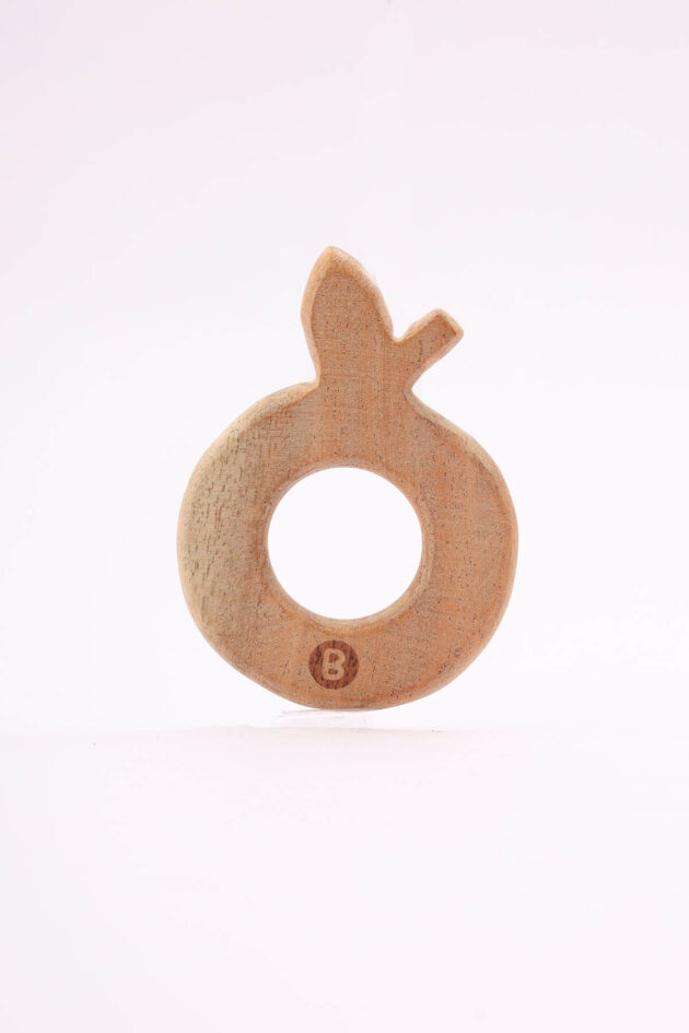 An image of the Wooden Onion-Shaped Teether for babies by Bumshum, a nature-friendly store for kids. The teether is crafted from 100% natural wood and is shaped like an onion. It features various textures and an elegant, eco-friendly design