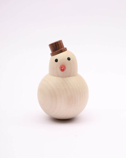 An image of the Wooden Roly Poly Snowman for babies by Bumshum, a nature-friendly store for kids. This charming snowman toy is made from natural wood, designed for sensory engagement, and brings the magic of eco-friendly play to your baby's world
