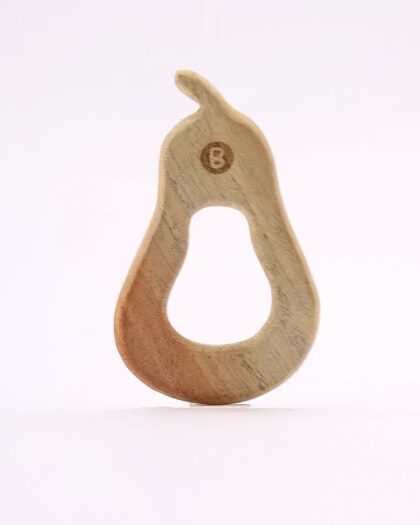 An image of the Wooden Pear-Shaped Teether for babies by Bumshum, a nature-friendly store for kids. The teether is crafted from 100% natural wood and is shaped like a pear, featuring various textures and an elegant, eco-friendly design