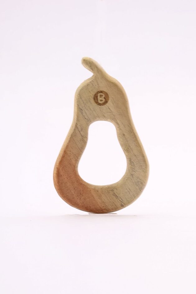 An image of the Wooden Pear-Shaped Teether for babies by Bumshum, a nature-friendly store for kids. The teether is crafted from 100% natural wood and is shaped like a pear, featuring various textures and an elegant, eco-friendly design